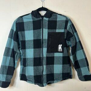 ZARA boys size 13/14 Blue Black Plaid Full Zip Hooded Jacket